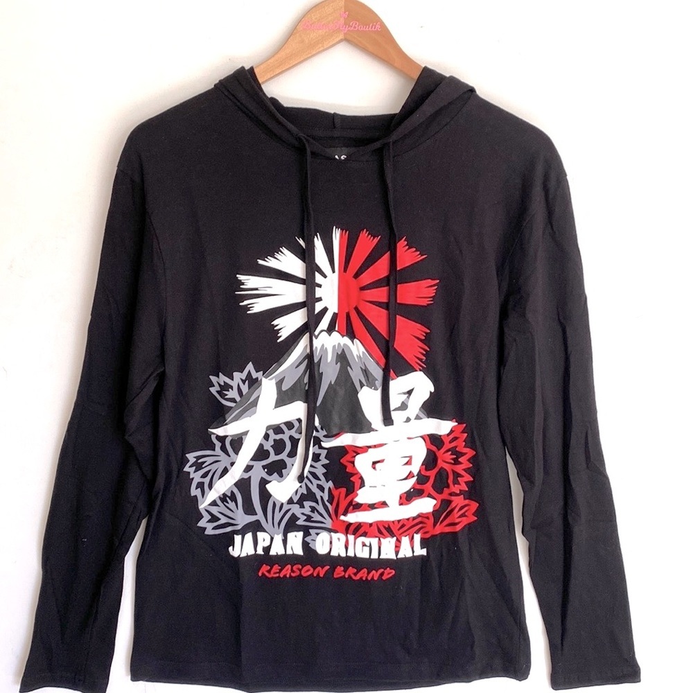 Reason Black Long-sleeve hooded‎ Graphic Tee, Size M, NWOT